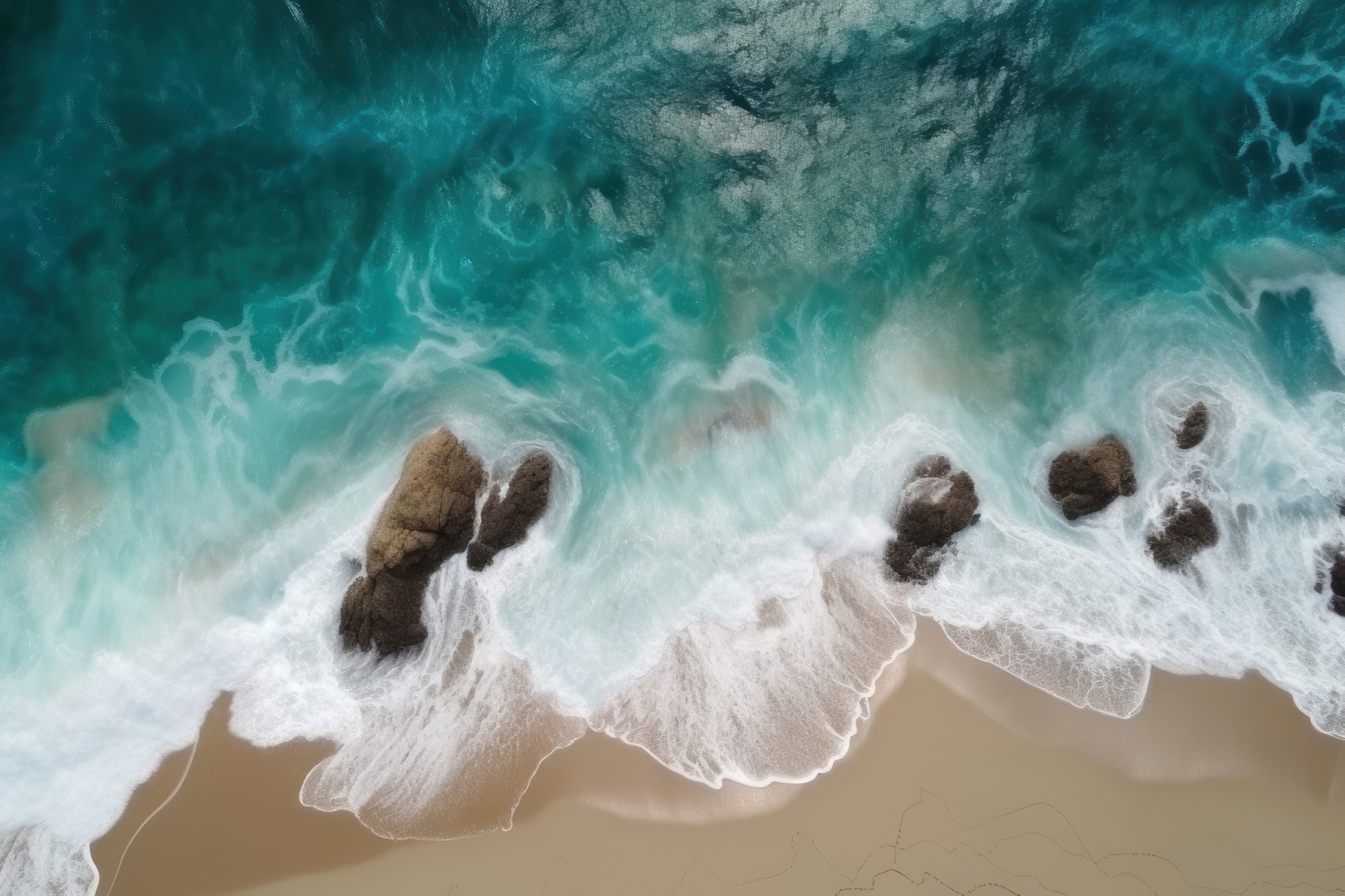 An aerial view of the ocean and waves crashing against the shore, showcasing the beauty and power of nature.