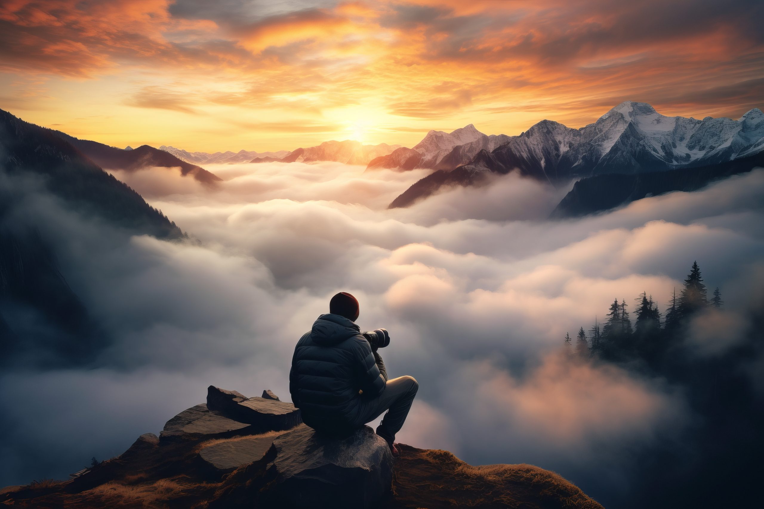 A man sitting on a mountain peak, gazing at the clouds in awe and contemplation.